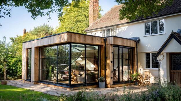 modern sunroom extension with black framed windows and wood cladding attached to a residential house photo